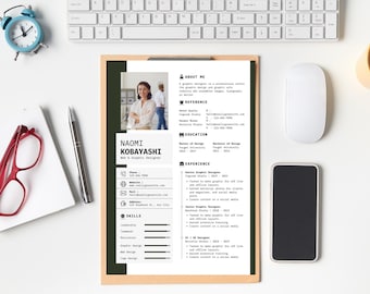 May include: A black and white resume with a photo of a woman in a black blazer and white shirt. The resume includes the name Naomi Kobayashi, Web & Graphic Designer, and lists skills, experience, education, and references.