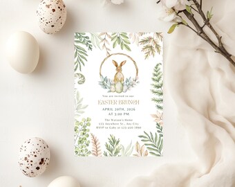 Pastel Easter Brunch Invitation, Floral Bunny Design (Digital Invite)