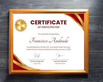 Editable Participation Award Certificate, Elegant Design (Digital Download)