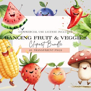 Aquarell Obst Clip Art, Niedliche Veggie Clipart, Transparente PNGs, DIY Einladen, Kinderzimmer Wandkunst, Kommerzielle Nutzungslizenz Enthalten, Wassermelone