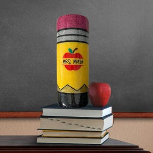 Personalized Glitter Pencil Tumbler – 20oz Hand-Painted Resin Cup | Custom Teacher Gift