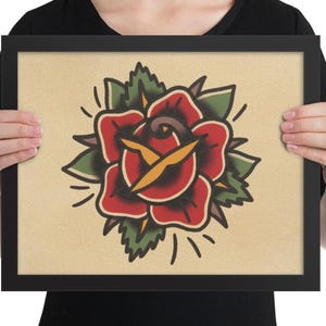 American Traditional Rose Print Wall Art - 14x11 Framed Tattoo Flash Poster - Hand Drawn Rose Design