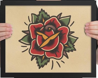 Traditionelle amerikanische Rose Print Wandkunst - 14x11 gerahmtes Tattoo Flash Poster - Hand gezeichnetes Rosendesign