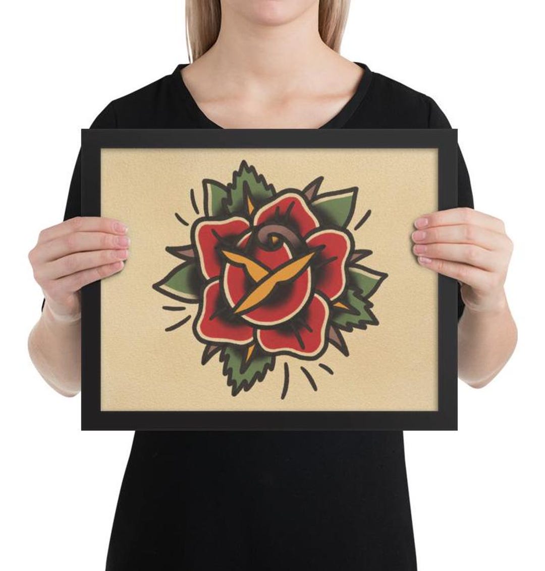 American Traditional Rose Print Wall Art - 14x11 Framed Tattoo Flash ...