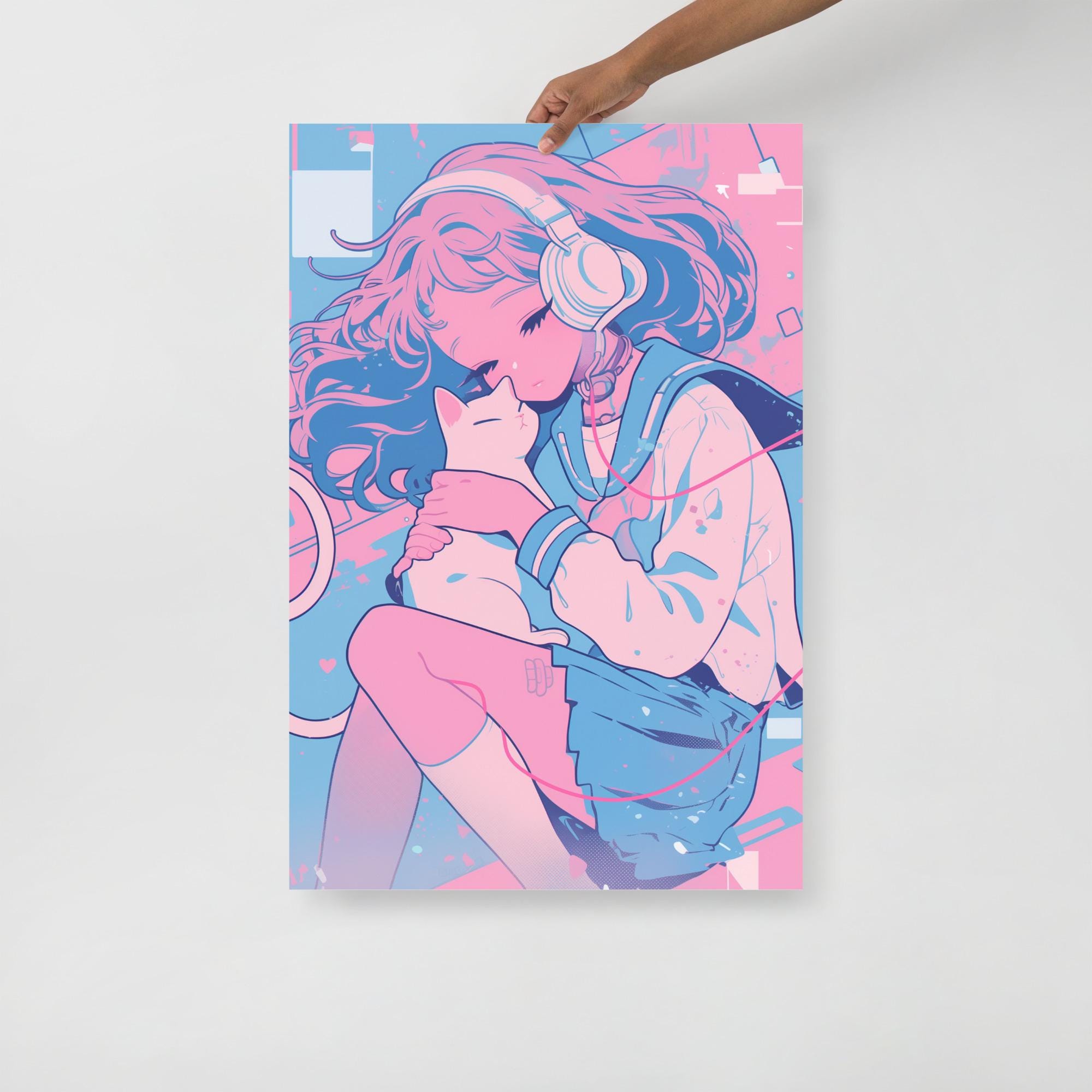 Pastel Anime Girl Poster | 24x36 Kawaii Wall Art | Cozy Cat and ...