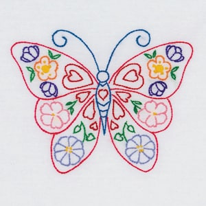 May include: Embroidered butterfly design with red outline, blue antennae, and a body with heart shapes. The wings are filled with colorful floral patterns in pink, yellow, orange, and purple. The design is on a white background.