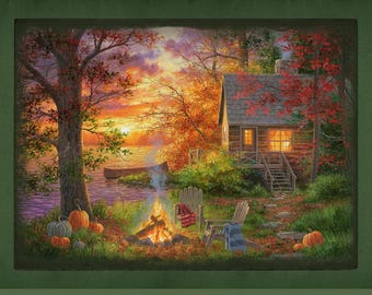 Fireside Serenity Sunset Fabric Quilt Panel ~ 24" x 44" ~ Cabin in the Woods