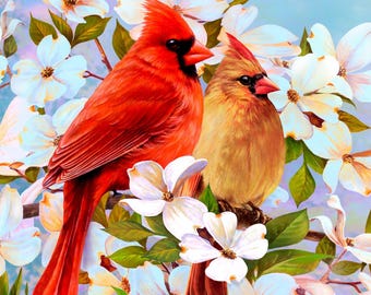 Cardinal Pair in Dogwood ~ Red Birds Fabric Quilt Panel ~ 36" David Textiles