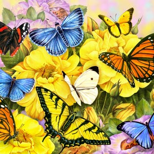 Butterflies ~ Bright Floral Quilt Fabric Panel ~ David Textiles 35&quot; x 44&quot;