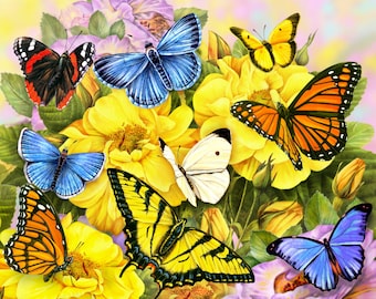 Butterflies ~ Bright Floral Quilt Fabric Panel ~ David Textiles 35" x 44"