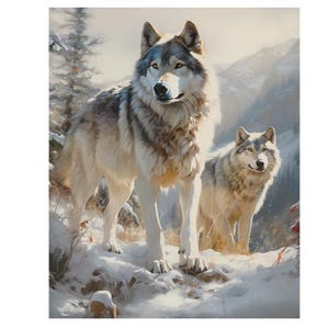 May include: A painting of two gray and white wolves standing in a snowy mountain landscape. The larger wolf stands in the foreground, while a smaller wolf is positioned slightly behind it. Both animals have thick fur and alert expressions.