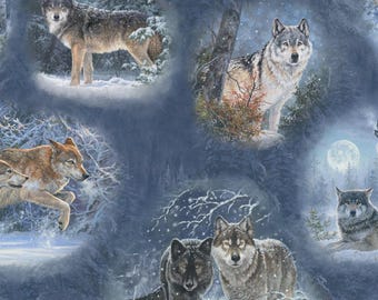 Moonlight Pack Fabric ~ Wolves ~ Farbric sold by the half yard ~ 3 Wishes