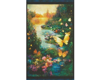 Night Fable ~ Garden Quilt Panel, Unicorn, Magical, Fairy, Mushroom ~ Robert Kaufman ~ 23" x 44"