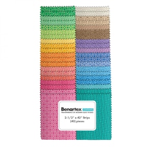 May include: A pack of 40 fabric strips in various colors and patterns. The strips are 2-1/2 inches wide and 42 inches long. The pack is labeled "Benartex CONTEMPO Transparency by Modern Quilt Studio".
