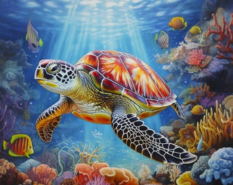 Underwater Beauty ~ Sea Turtle, Ocean Quilt Panel ~ 36" David Textiles Fabric Panel