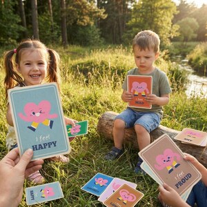 May include: Children in a natural setting are holding emotion flashcards. The cards feature a cartoon heart character with different expressions and the words "I feel HAPPY", "I feel MAD", and "I feel PROUD". The cards are in various colors.