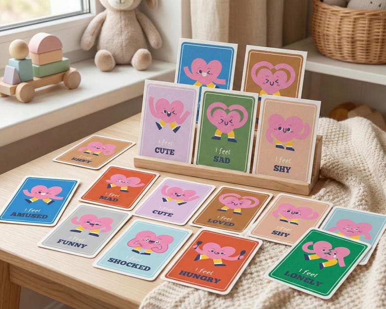 May include: A collection of emotion cards with a pink heart character. Each card has a different emotion label, such as "Cute," "Sad," and "Lonely." The cards are displayed on a wooden surface.