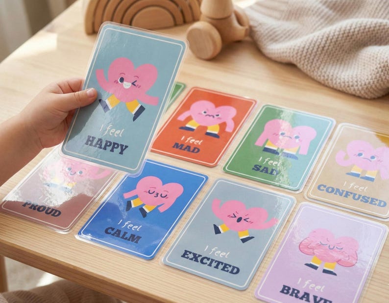 May include: A collection of emotion flashcards with a heart character. Each card features a different emotion, such as "Happy," "Mad," and "Calm." The cards are in various colors, including blue, orange, and green, with the text "I feel" above each emotion.