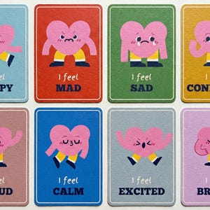 May include: Set of eight colorful cards, each featuring a pink heart character expressing different emotions. The cards include text like "Happy," "Mad," "Sad," and "Confused." Each card has a unique background color.