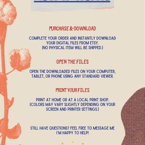 May include: A beige graphic with the text "How it works" in blue. Instructions for purchasing, downloading, opening, and printing digital files are listed. The image includes orange floral illustrations and ends with "Thank You."
