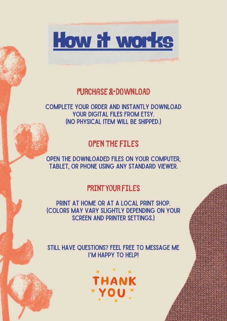 May include: A beige graphic with the text "How it works" in blue. Instructions for purchasing, downloading, opening, and printing digital files are listed. The image includes orange floral illustrations and ends with "Thank You."