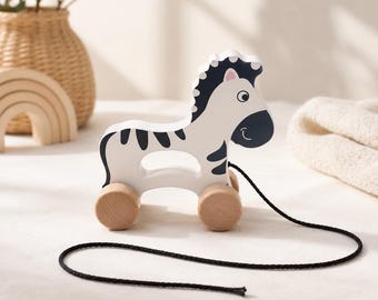 Wooden Zebra Pull Toy, Montessori Toddler Rolling Animal, Neutral Nursery Decor