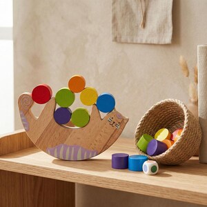 Wood Balancing Toy, Cat Balance Game with Colorful Cylinders for Kids