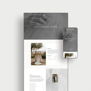 May include: A digital display of a wedding investment guide, featuring the text "NORA JOY" and "INVESTMENT GUIDE." The design includes images of a bride and bridesmaids, and a couple. The overall aesthetic is elegant and minimalist.
