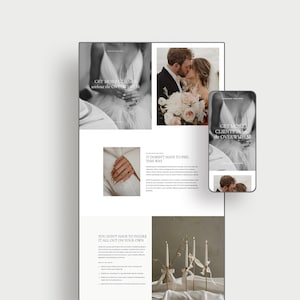 Könnte beinhalten: Ein Website-Design-Layout mit Hochzeitsthema. Das Design umfasst Bilder einer Braut, eines sich küssenden Paares und Kerzen. Der Text enthält "GET MORE CLIENTS without the OVERWHELM" und "IT DOESN'T HAVE TO FEEL THIS WAY."