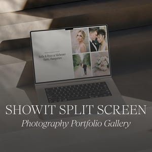 May include: A laptop displaying a photography portfolio gallery with a split screen design. The screen shows wedding photos and the text "Sofia & Ryan at Silchester Farm, Hampshire." The laptop is on a gray surface, with the text "SHOWIT SPLIT SCREEN Photography Portfolio Gallery" below.