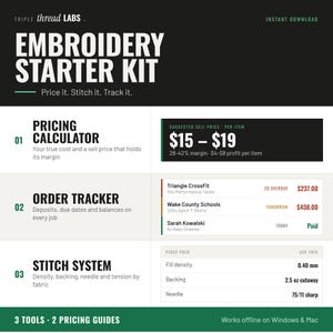May include: An embroidery starter kit digital tool featuring a pricing calculator, order tracker, and stitch system. The interface displays suggested sell prices of $15-$19, order status details, and technical specifications like 2.5 oz cutaway backing.