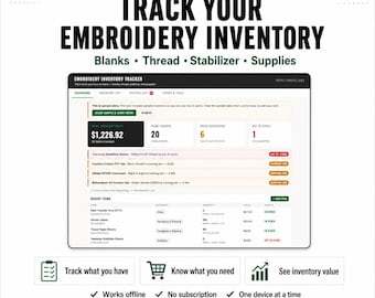 Embroidery Shop Inventory Tracker — Blanks, Thread, Stabilizer & Supplies