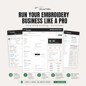 May include: An advertisement for Triple Thread Labs, a system for embroidery businesses. The image shows three digital device screens displaying pricing, order tracking, and guide information. Text includes "Run Your Embroidery Business Like a Pro."