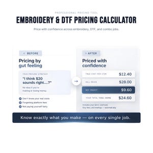 Embroidery + DTF Pricing Calculator | Profit, Margin, Break-Even & Discount Tool | HTML Business Pricing Tool for Small Shops