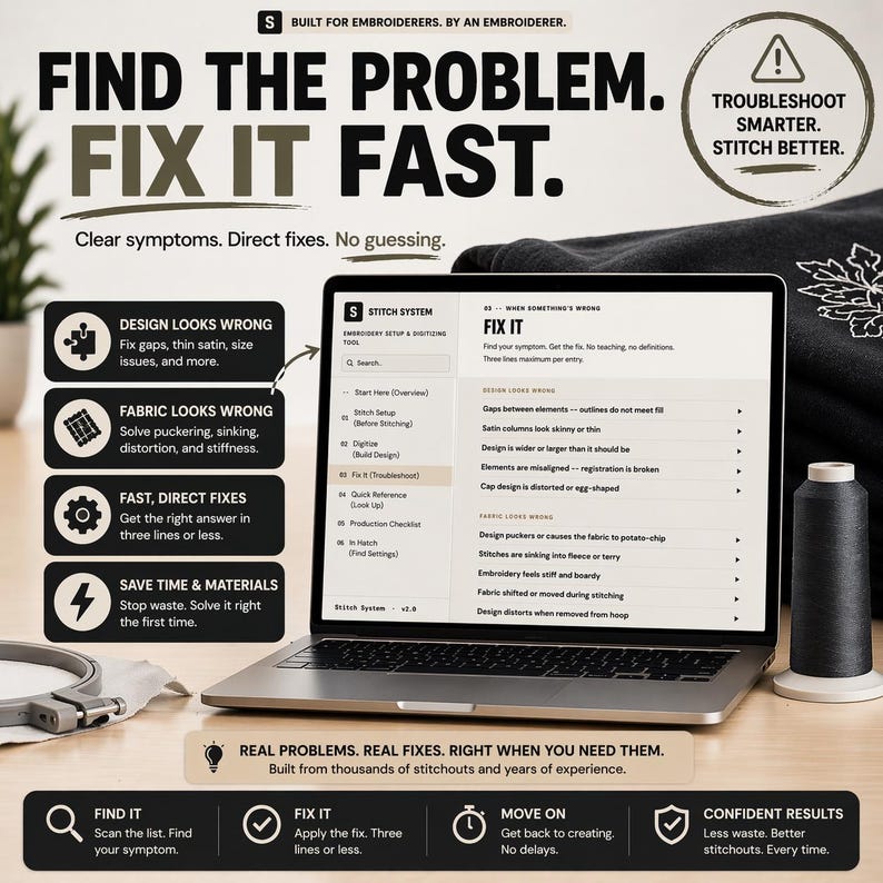 K&ouml;nnte beinhalten: Laptop mit der Aufschrift "FIND THE PROBLEM. FIX IT FAST." mit Tipps zur Fehlerbehebung beim Sticken. Der Bildschirm zeigt eine Anleitung mit Design- und Stoffproblemen. Eine schwarze Garnspule befindet sich rechts.