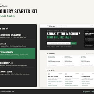 Embroidery Business Starter Kit, Pricing Calculator with Embroidery Companion Reference and Order Tracker, Prices in USD EUR GBP