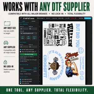 May include: A digital design interface for DTF printing, showcasing sheet dimensions and design options. The interface includes text that reads "WORKS WITH ANY DTF SUPPLIER" and "ONE TOOL. ANY SUPPLIER. TOTAL FLEXIBILITY."