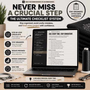 K&ouml;nnte beinhalten: Ein Laptop zeigt eine Stick-Checkliste mit dem Text &bdquo;Verpassen Sie niemals einen entscheidenden Schritt&ldquo;. Das Bild enth&auml;lt eine schwarze Garnspule, Stickwerkzeuge und einen Stapel schwarzen Stoffes. Der Text betont Organisation und Fehlervermeidung.