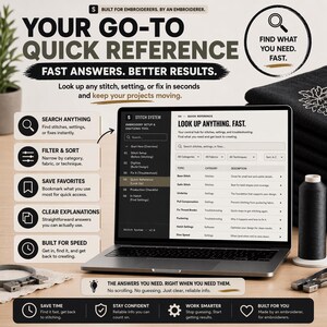 K&ouml;nnte beinhalten: Ein Laptop zeigt eine Stickreferenz mit dem Text "Your Go-To Quick Reference". Der Bildschirm zeigt Stich-Einstellungen und Fehlerbehebungsinformationen. Das Bild enth&auml;lt eine Spule schwarzen Garns und Stickwerkzeuge.
