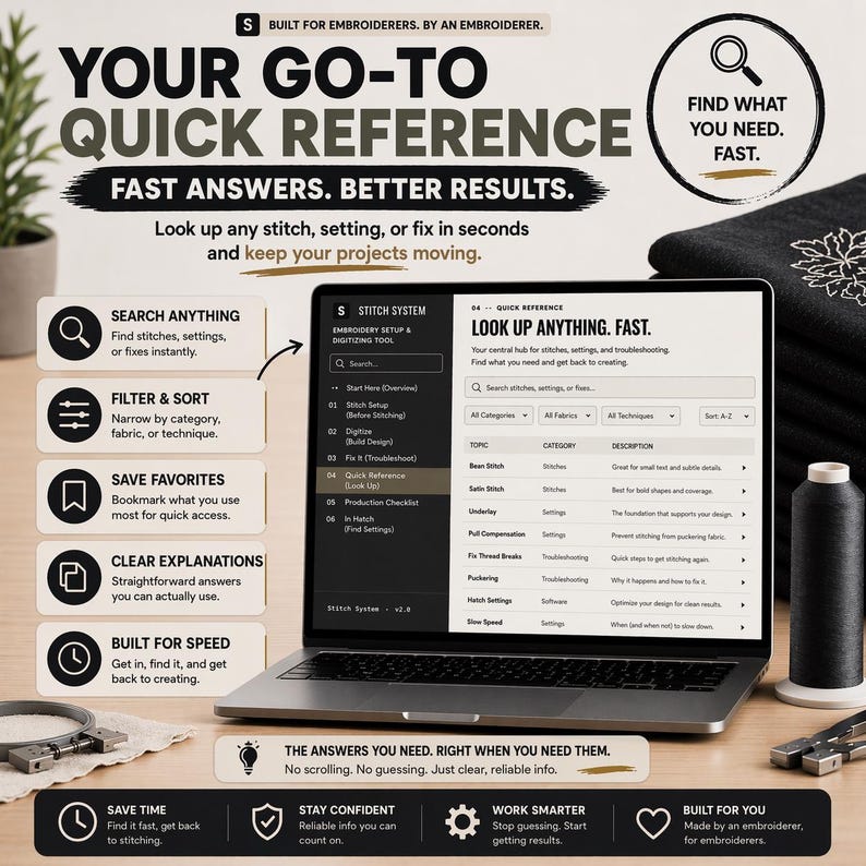 K&ouml;nnte beinhalten: Ein Laptop zeigt eine Stickreferenz mit dem Text "Your Go-To Quick Reference". Der Bildschirm zeigt Stich-Einstellungen und Fehlerbehebungsinformationen. Das Bild enth&auml;lt eine Spule schwarzen Garns und Stickwerkzeuge.