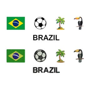 May include: Two rows of images representing Brazil. The top row shows the Brazilian flag, a football, a palm tree, and a toucan. The bottom row shows the same images, but in a different arrangement.