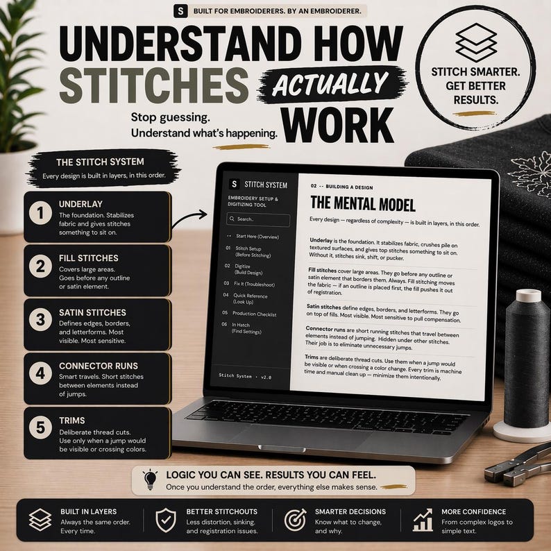 K&ouml;nnte beinhalten: Ein Laptop zeigt Informationen &uuml;ber Stickstiche an, mit dem Text "Understand How Stitches Actually Work". Der Bildschirm zeigt Diagramme und Erkl&auml;rungen zu Sticharten. Eine Spule schwarzen Fadens und andere Werkzeuge liegen auf dem Tisch.