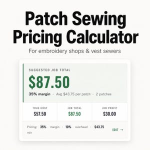Op de afbeelding: Een digitale weergave voor een "Patch Sewing Pricing Calculator" met de tekst "VOORGESTELDE JOB TOTAAL $87,50". De calculator is ontworpen voor borduurwinkels en vestnaaisters. De display toont de kosten, winst en marge van de job.