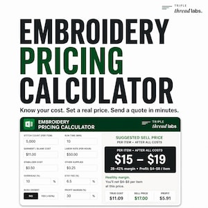 May include: An embroidery pricing calculator with a green and white design. The calculator includes fields for stitch count, labor rate, and profit margin. The suggested sell price is between $15 and $19 per item.