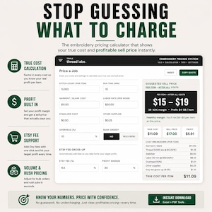 May include: An embroidery pricing calculator with the text "STOP GUESSING WHAT TO CHARGE." The calculator shows true cost, profit, and sell price. Features include true cost calculation, profit built-in, Etsy fee support, and volume & rush pricing.