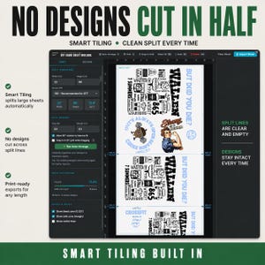 May include: A digital interface displays a design sheet with the text "NO DESIGNS CUT IN HALF." The sheet includes various graphic elements and text, such as "WALLEN" and "7 SUMMERS." The interface highlights features like smart tiling and clean splits.