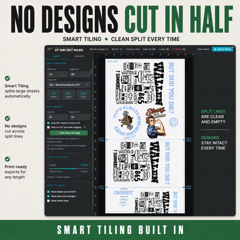 May include: A digital interface displays a design sheet with the text "NO DESIGNS CUT IN HALF." The sheet includes various graphic elements and text, such as "WALLEN" and "7 SUMMERS." The interface highlights features like smart tiling and clean splits.