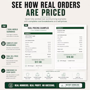 May include: A white and green graphic with the text "SEE HOW REAL ORDERS ARE PRICED." The graphic includes pricing examples for custom apparel, with cost breakdowns and suggested sell prices. It also includes the text "REAL NUMBERS. REAL PROFIT. NO GUESSING."