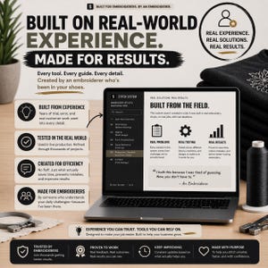 K&ouml;nnte beinhalten: Laptop mit Text "Built on Real-World Experience" und "Made for Results". Enth&auml;lt "Built from Experience", "Tested in the Real World" und "Created for Efficiency". Enth&auml;lt Stickwerkzeuge und eine Spule schwarzen Fadens.
