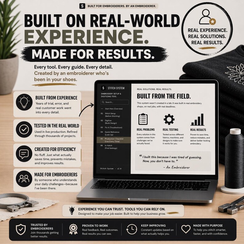 K&ouml;nnte beinhalten: Laptop mit Text "Built on Real-World Experience" und "Made for Results". Enth&auml;lt "Built from Experience", "Tested in the Real World" und "Created for Efficiency". Enth&auml;lt Stickwerkzeuge und eine Spule schwarzen Fadens.